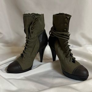 Steve Madden 3.5” high-heeled combat boots. Olive/brown; size 7. Like new!